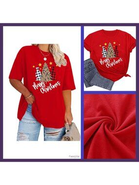 Plus Size Merry Christmas Leopard Plaid Tree Print Short Sleeve Tee Holiday Top
